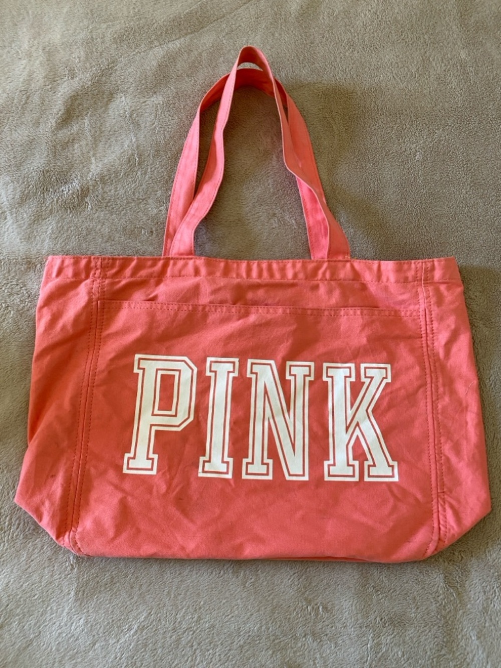 PINK Victoria's Secret Coral Pink Canvas Tote with White Logo